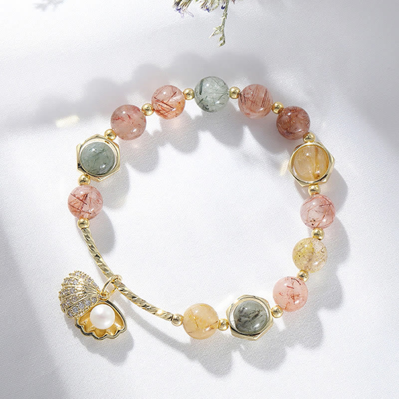 Nimara Ritual Natural Colorful Rutilated Quartz Shell Protection Bead Bracelet
