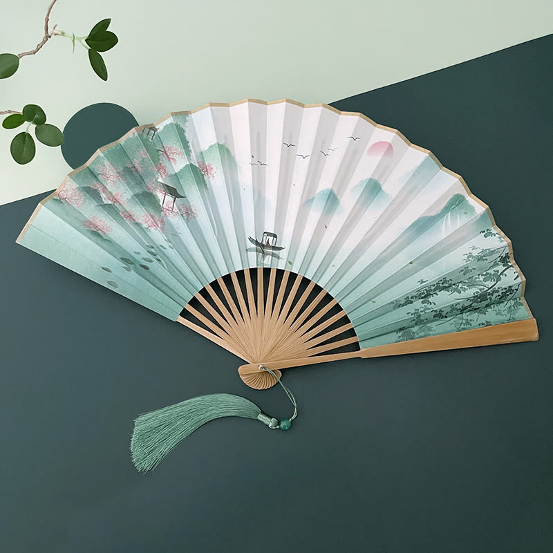 Nimara Ritual Retro Lotus Flower Leaf Mountain Lake Handheld Folding Fan With Bamboo Frames