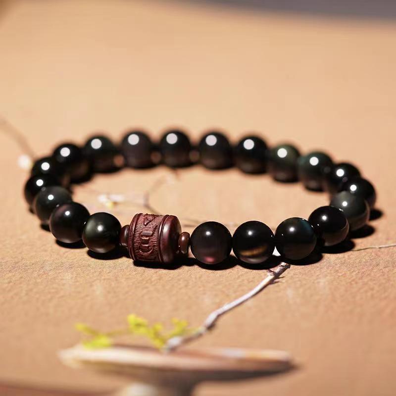 Nimara Ritual Natural Gold Sheen Obsidian Rainbow Obsidian Om Mani Padme Hum Fu Character Healing Bracelet
