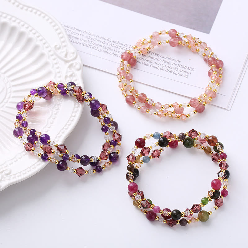 Nimara Ritual Natural Tourmaline Strawberry Quartz Amethyst Peace Wisdom Double Wrap Bracelet