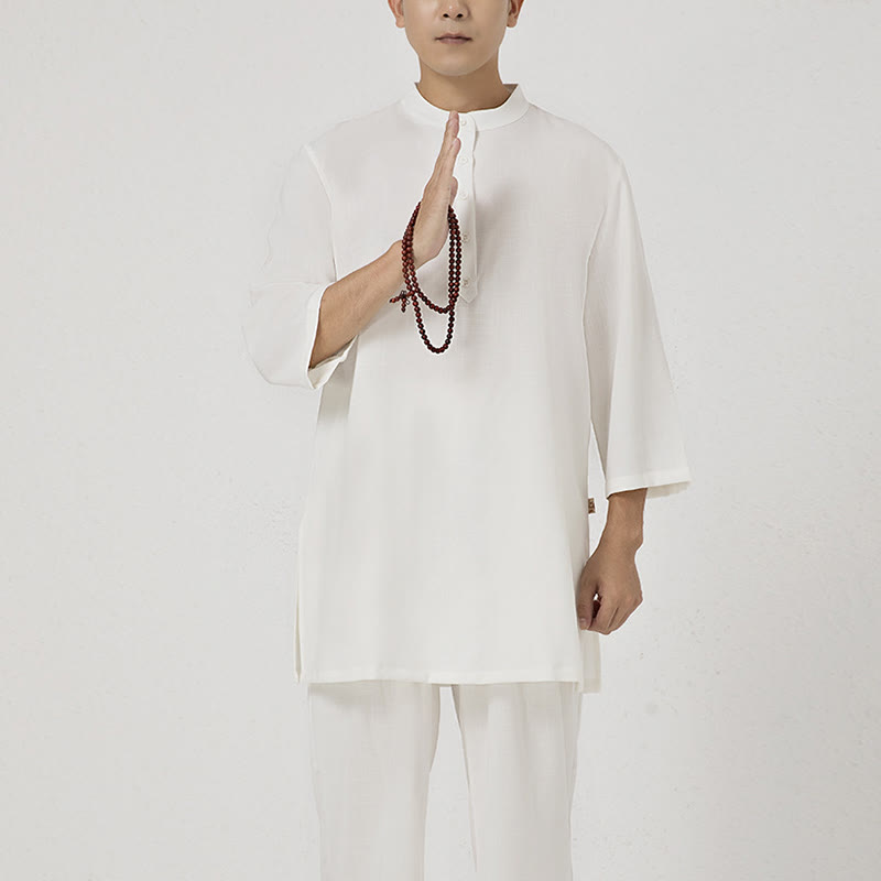 Nimara Ritual 2Pcs Buttons Men's Three Quarter Sleeve Shirt Top Pants Meditation Zen Tai Chi Cotton Linen Clothing Set