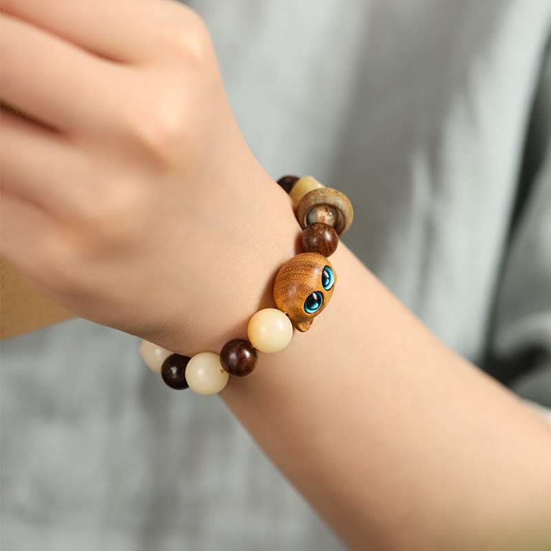 Nimara Ritual Natural Bodhi Seed Sandalwood Lucky Cute Cat Head Paw Claw Peace Bracelet