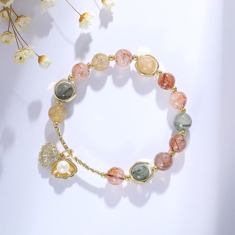 Nimara Ritual Natural Colorful Rutilated Quartz Shell Protection Bead Bracelet