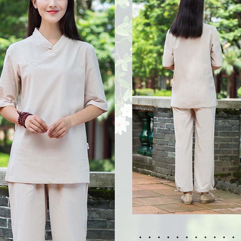 Nimara Ritual 2Pcs Half Sleeve V-Neck Shirt Top Pants Meditation Zen Tai Chi Linen Clothing Women's Set