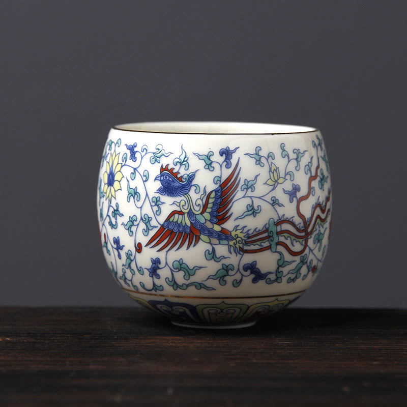 Nimara Ritual Vintage Plum Blossom Pine Bamboo Phoenix Kirin Lion Dancing Ceramic Teacup Tea Cups