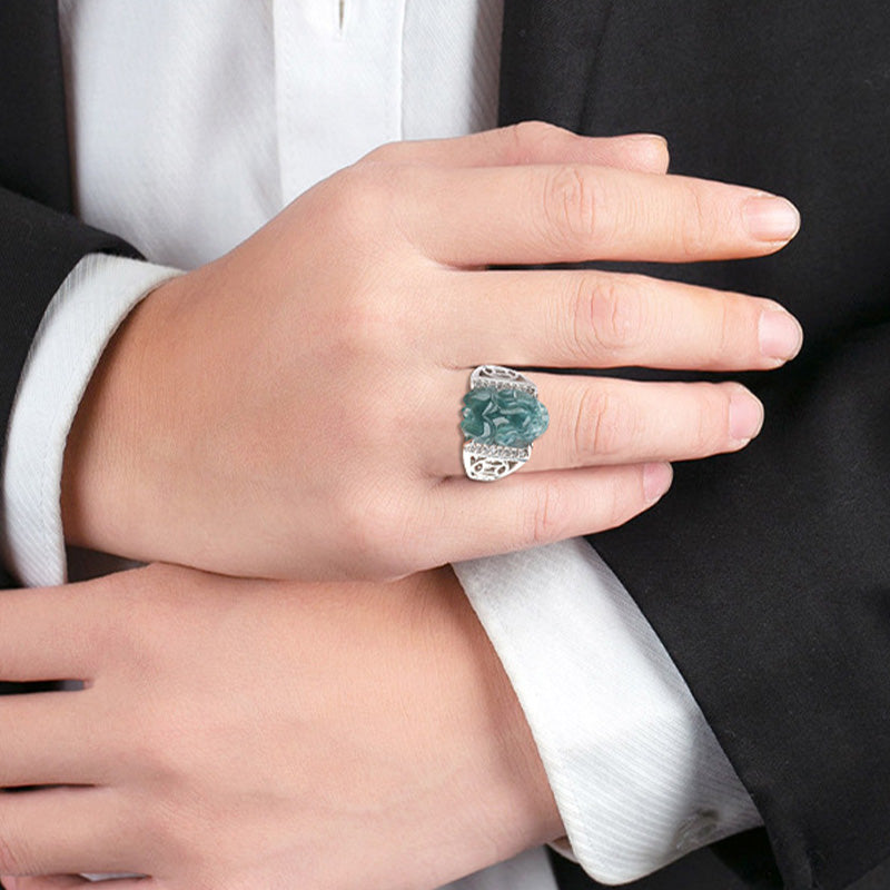 Nimara Ritual 925 Sterling Silver Fengshui Wealth Prosperity Jade PiXiu Luck Ring