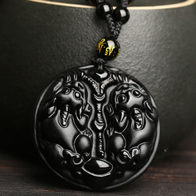 Nimara Ritual Black Obsidian Double Pixiu Bead Rope Purification Necklace Pendant
