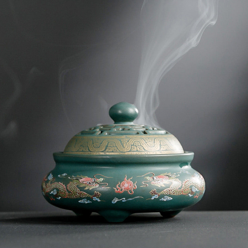 Nimara Ritual Dragon Floral Pattern Backflow Smoke Fountain Ceramic Meditation Incense Burner Decoration