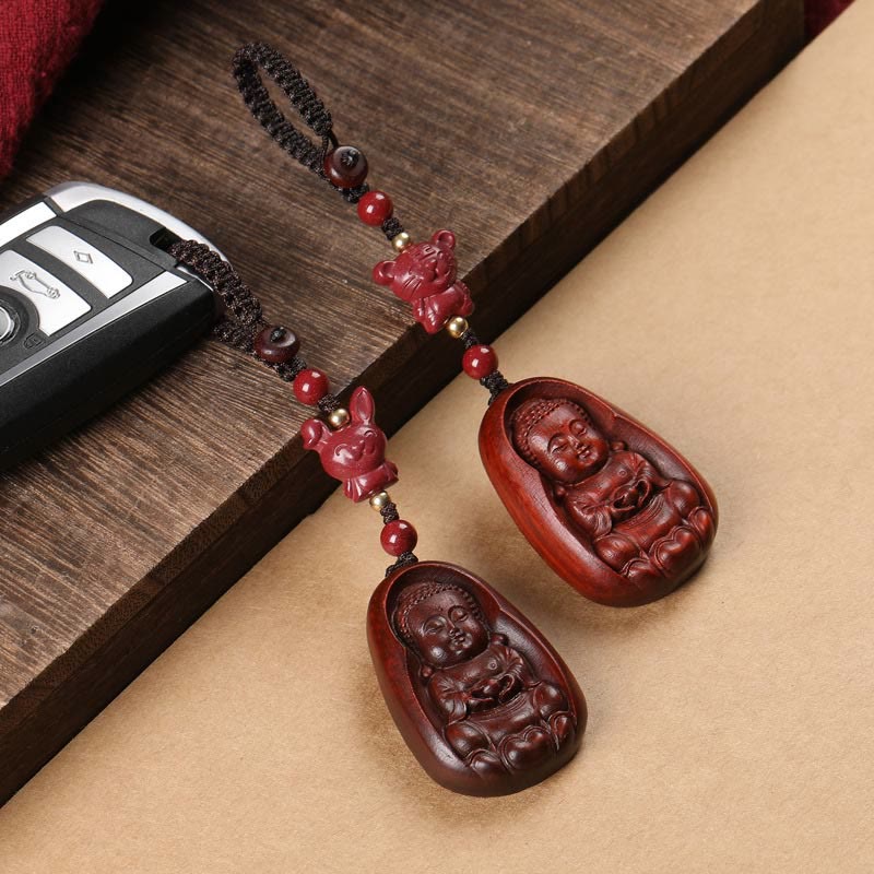 Nimara Ritual Small Leaf Red Sandalwood Buddha Cinnabar Chinese Zodiac Amulet Protection Key Chain