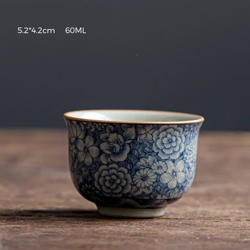 Nimara Ritual Blue Lotus Peach Blossom Chrysanthemum Design Ceramic Teacup Kung Fu Tea Cups