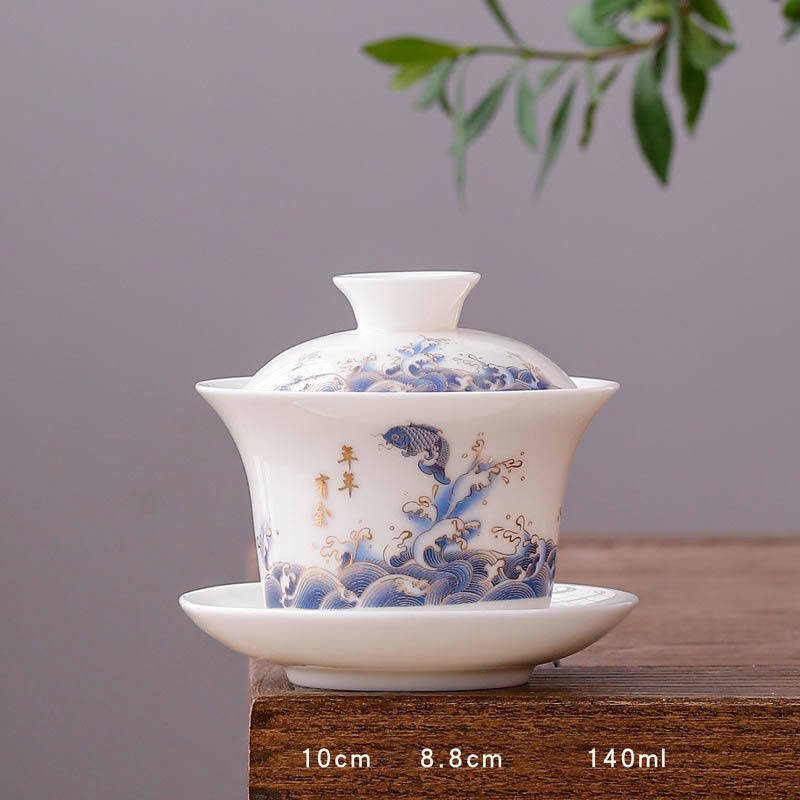 Nimara Ritual White Porcelain Mountain Landscape Countryside Ceramic Gaiwan Teacup Kung Fu Tea Cup And Saucer With Lid