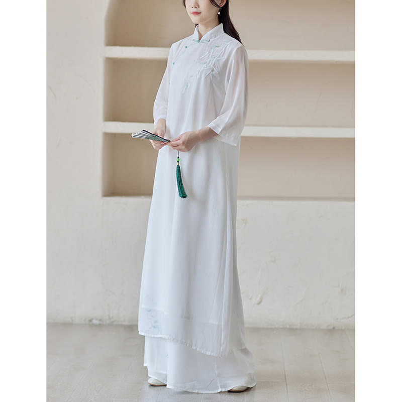 Nimara Ritual Bamboo Cheongsam Dress Midi Dress Wide Leg Pants Meditation Spiritual Zen Practice Clothing