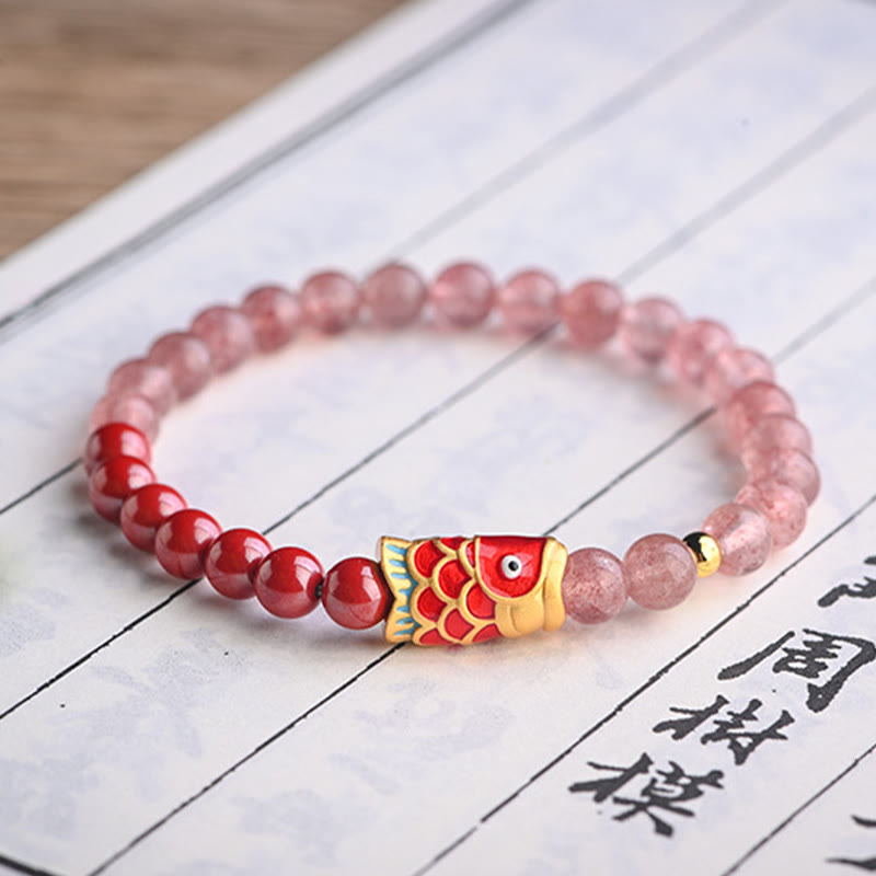 Nimara Ritual Natural Strawberry Quartz Cinnabar Lucky Koi Fish Healing Bracelet