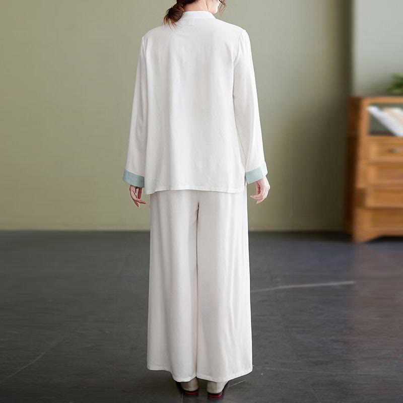Nimara Ritual 2Pcs Tang Suit Long Sleeve Shirt Top Pants Meditation Zen Tai Chi Cotton Linen Clothing Women's Set