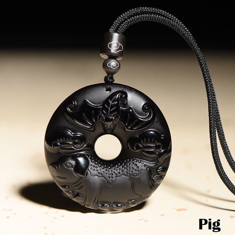 Nimara Ritual Chinese Zodiac Natural Black Obsidian Peace Buckle Strength Necklace Pendant