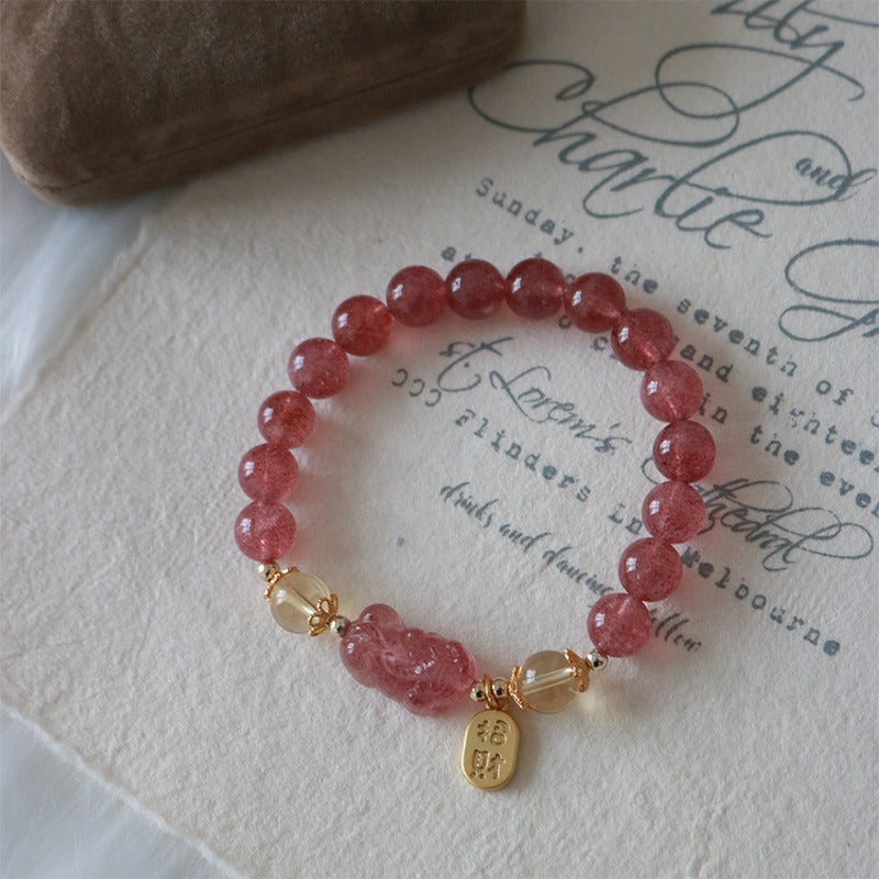 Nimara Ritual Natural Strawberry Quartz Peach Blossom PiXiu Attract Fortune Healing Bracelet