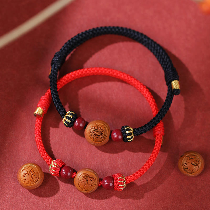 Nimara Ritual Natural Peach Wood Chinese Zodiac Fu Character Carved Cinnabar Wealth Bracelet