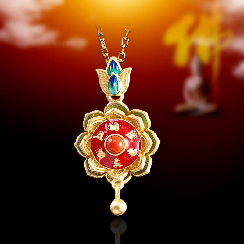 Nimara Ritual 925 Sterling Silver Tibet Lotus Prayer Wheel Red Agate Enlightenment Necklace Pendant