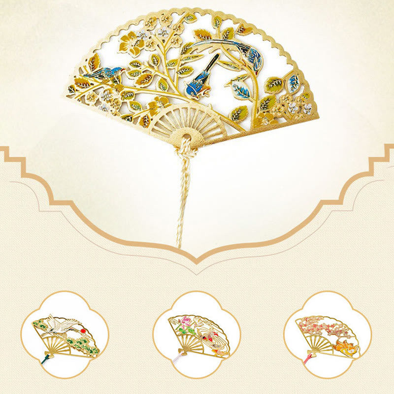 Nimara Ritual Traditional Butterfly Lotus Flower Crane Dragon Phoenix Fox Koi Fish New Beginning Metal Brass Hollow Fan Bookmarks