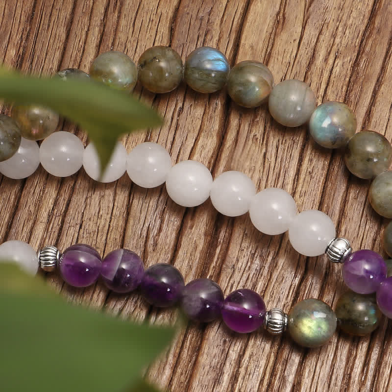 Nimara Ritual 108 Mala Beads White Agate Amethyst Black Glitter Stone Protection Bracelet
