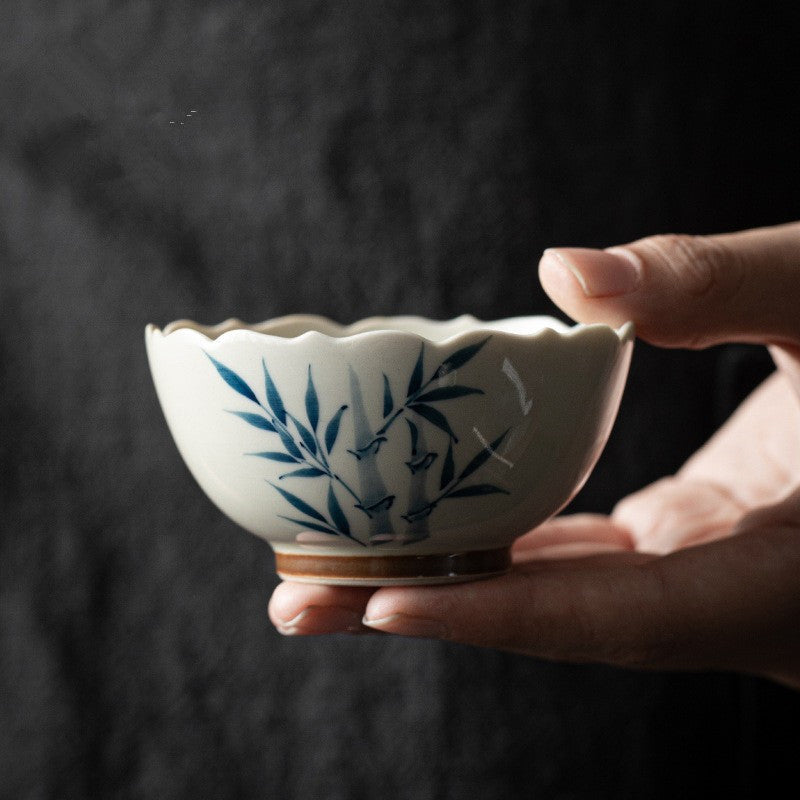 Nimara Ritual Small Blue Bamboo Leaves Ceramic Teacup Kung Fu Tea Cup Bowl