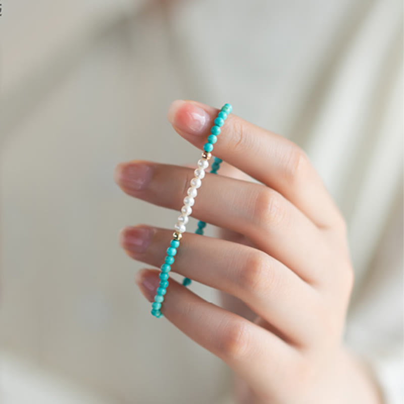 Nimara Ritual 925 Sterling Silver Natural Turquoise Pearl Beaded Bracelet