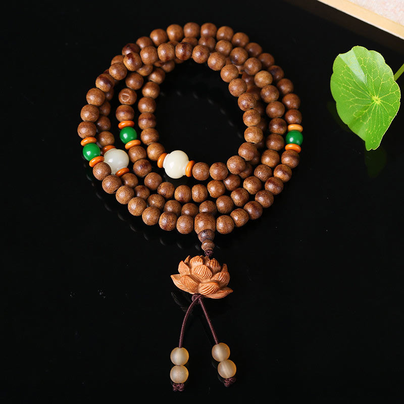 Nimara Ritual 108 Mala Beads Peach Wood Bodhi Seed Lotus Prayer Meditation Bracelet