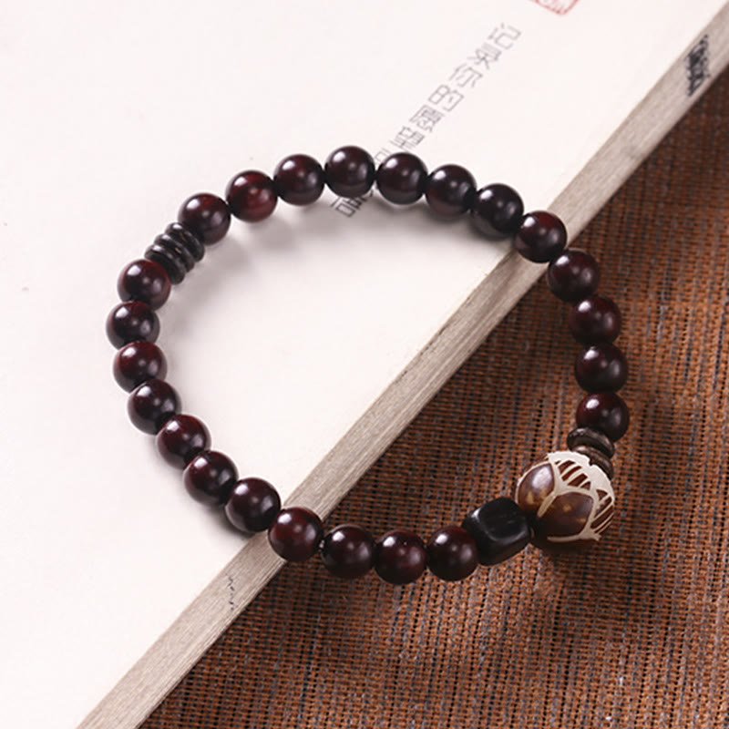 Nimara Ritual Small Leaf Red Sandalwood Lotus Bodhi Seed Carved Protection Double Wrap Bracelet