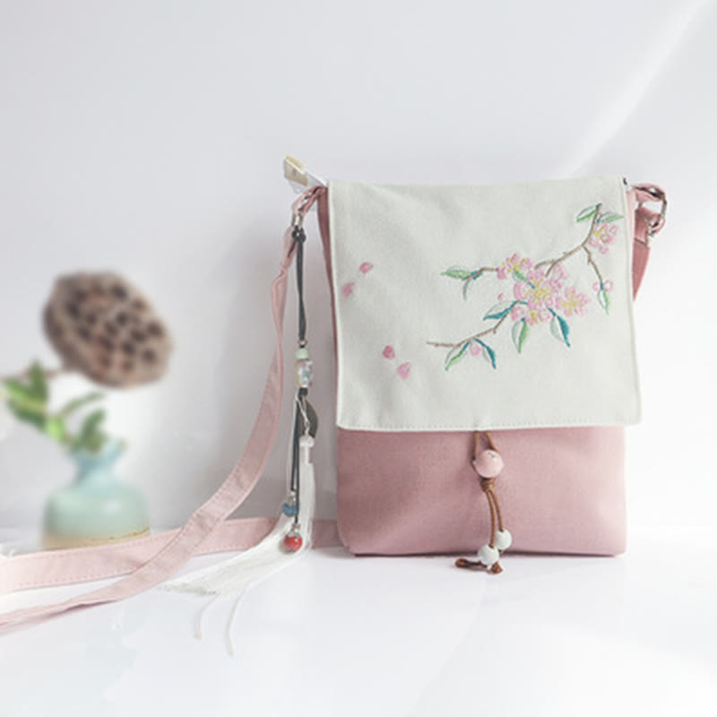 Nimara Ritual Handmade Embroidered Plum Flowers Canvas Crossbody Bag Shoulder Bag Handbag