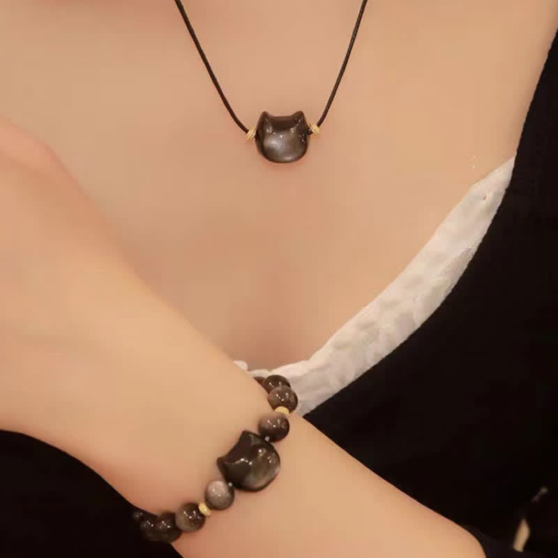 Nimara Ritual Gold Sheen Obsidian Silver Sheen Obsidian Lovely Paw Lucky Cat Protection Bracelet