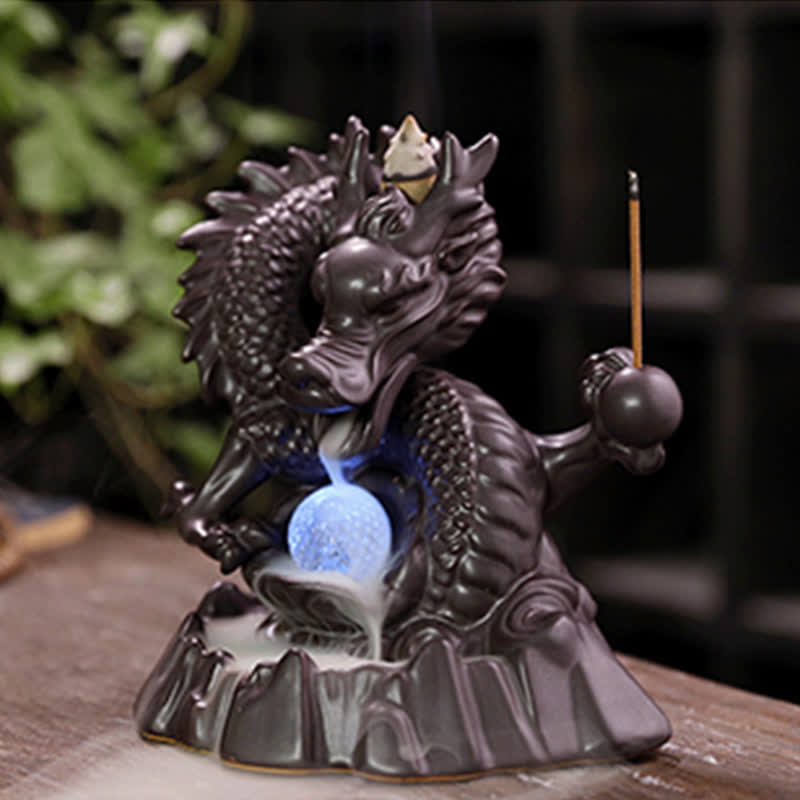 Nimara Ritual Auspicious Dragon Ceramic Backflow Smoke Fountain Meditation Healing Incense Burner Led Ball Decoration