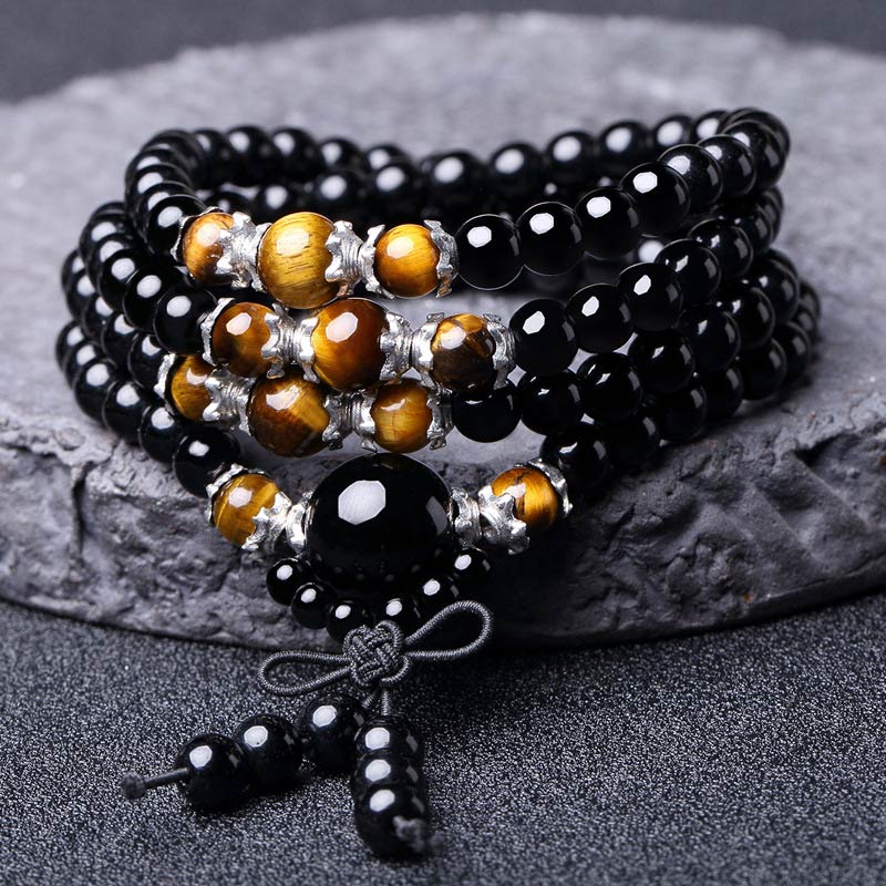 Nimara Ritual 108 Beads Natural Black Obsidian Tiger Eye Mala Bracelet