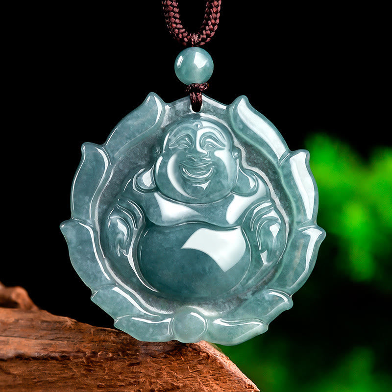 Nimara Ritual Natural Jade Laughing Buddha Lotus Pattern Luck Necklace Pendant