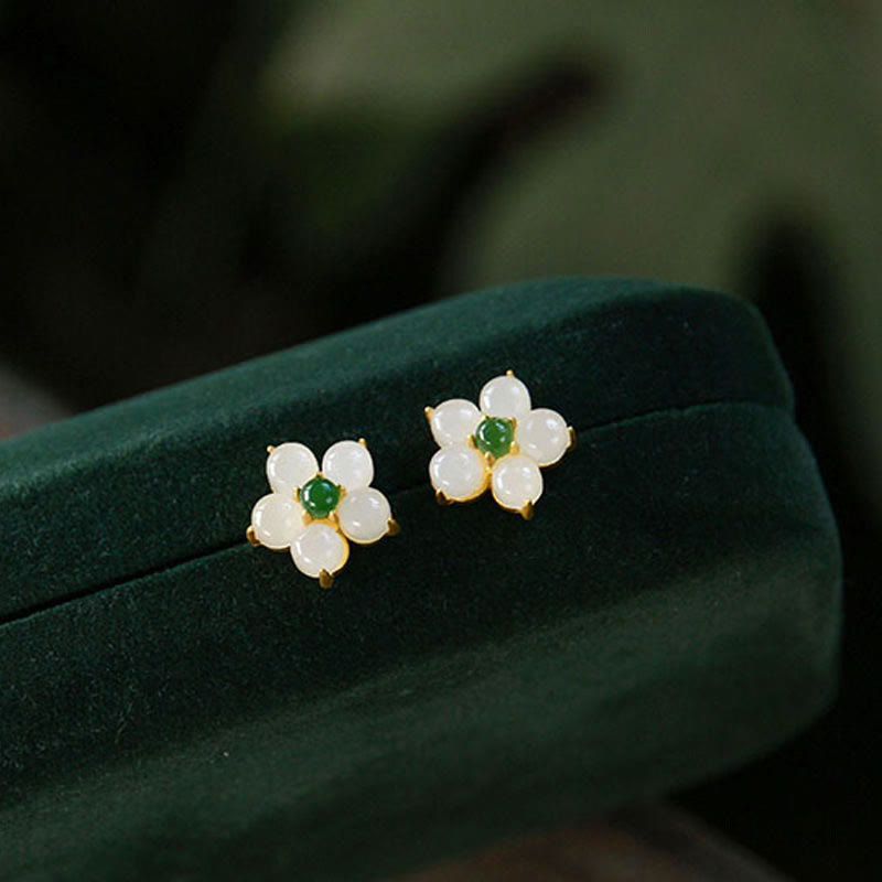 Release Negativity White Jade Flower Blessing Stud Earrings