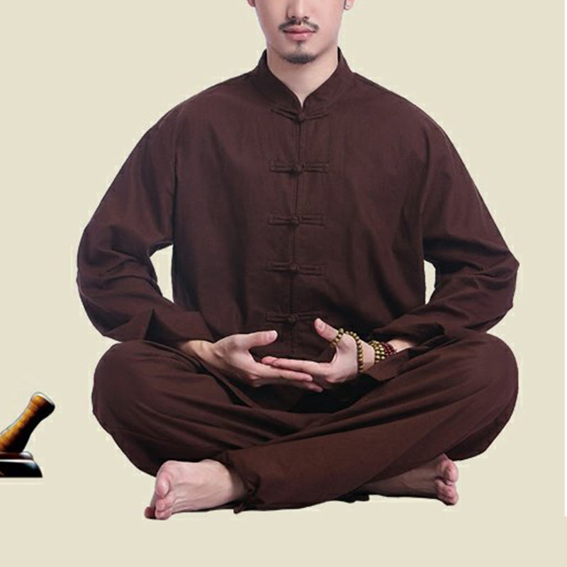 Nimara Ritual Chinese Frog Button Design Meditation Prayer Cotton Linen Spiritual Zen Practice Yoga Clothing Men's Set