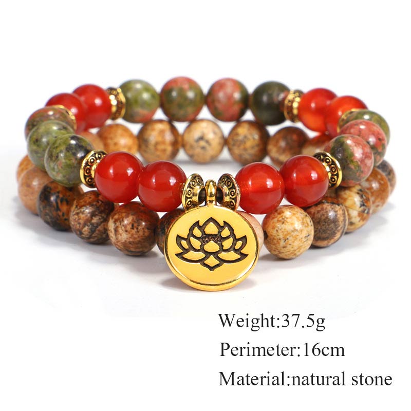 Nimara Ritual Tibetan Picture Jasper Positive Lotus Bracelet Set