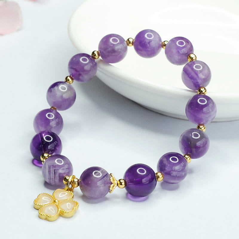 Nimara Ritual Natural Amethyst Crystal Inner Peace Four Leaf Clover Charm Bracelet