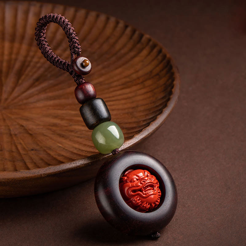 Nimara Ritual Tibet Om Mani Padme Hum PiXiu Copper Coin Small Leaf Red Sandalwood Cinnabar Protection Key Chain