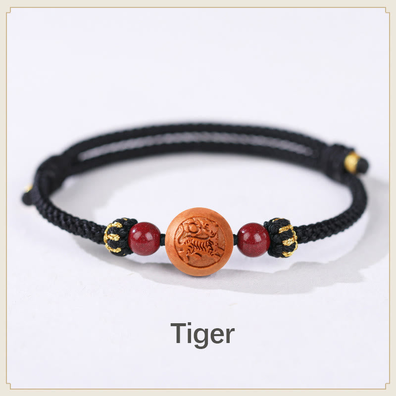 Nimara Ritual Natural Peach Wood Chinese Zodiac Fu Character Carved Cinnabar Wealth Bracelet