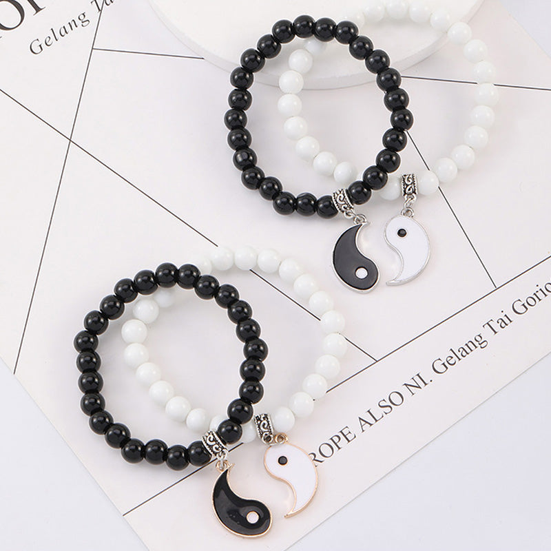 Nimara Ritual 2Pcs Black Onyx White Turquoise Bead Yin Yang Protection Couple Bracelet