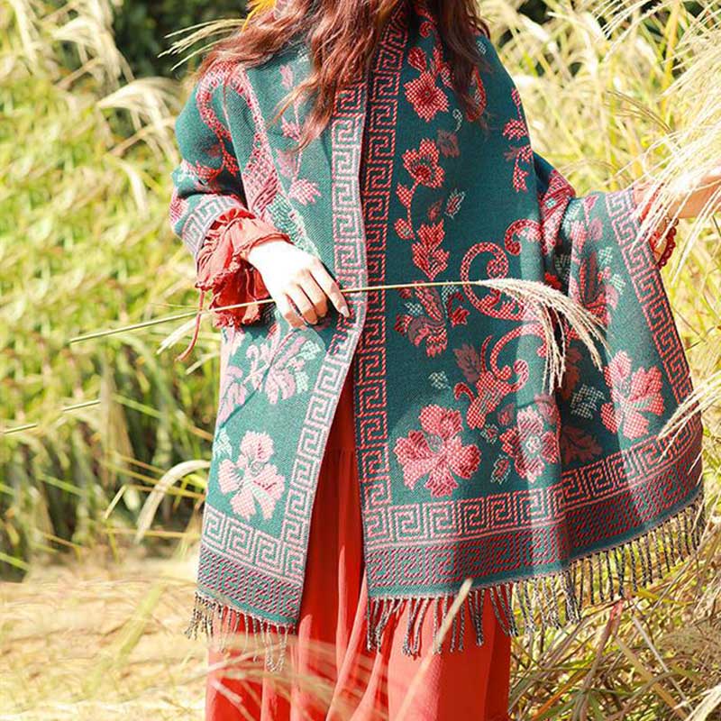 Nimara Ritual Tibetan Flowers Leaves Pattern Design Shawl Cozy Travel Scarf Wrap