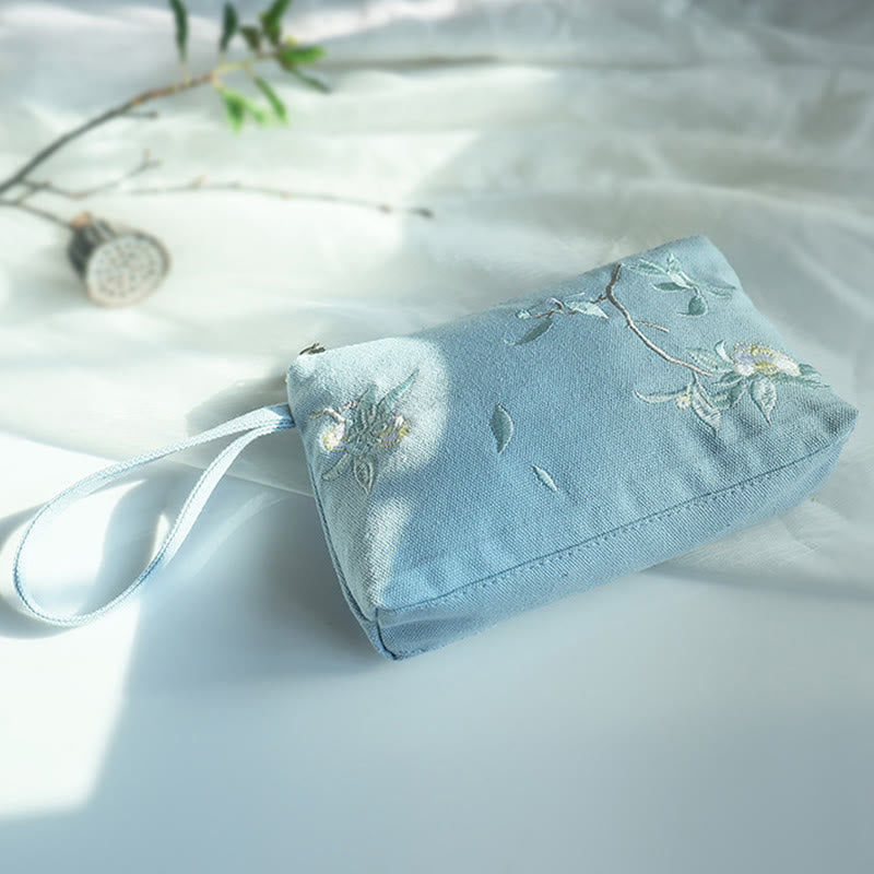 Nimara Ritual Small Flower Plum Cherry Crane Peach Blossom Embroidery Canvas Wallet Shopping Purse