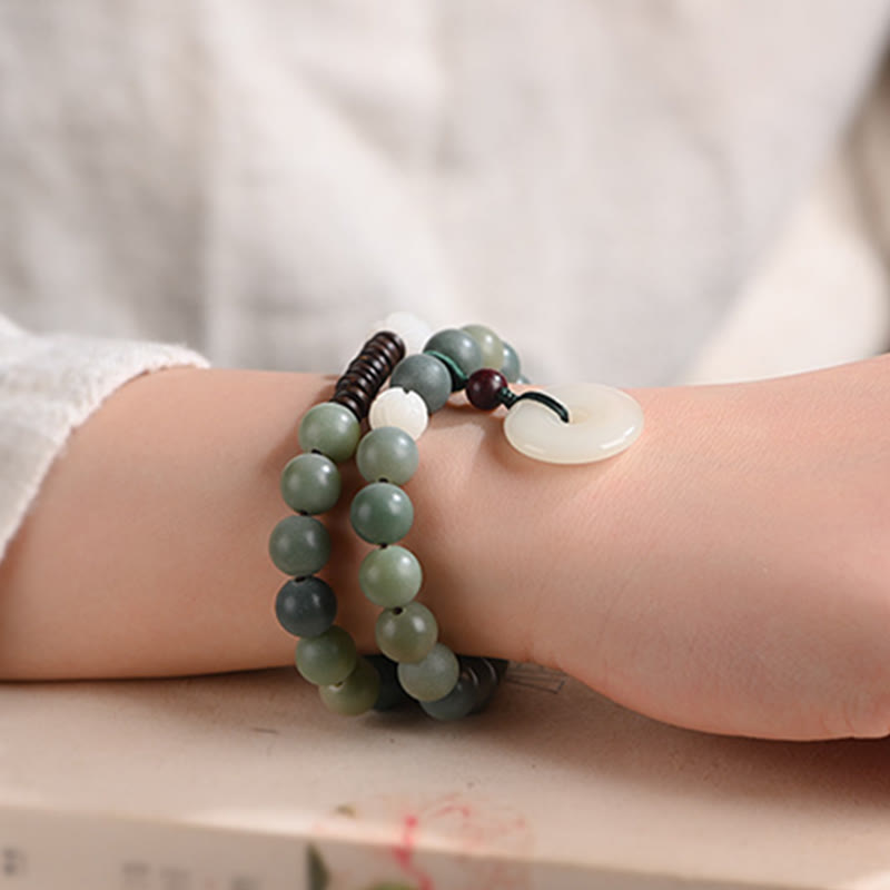 Nimara Ritual Cyan Bodhi Seed Lotus Jade Peace Buckle Wisdom Double Wrap Bracelet