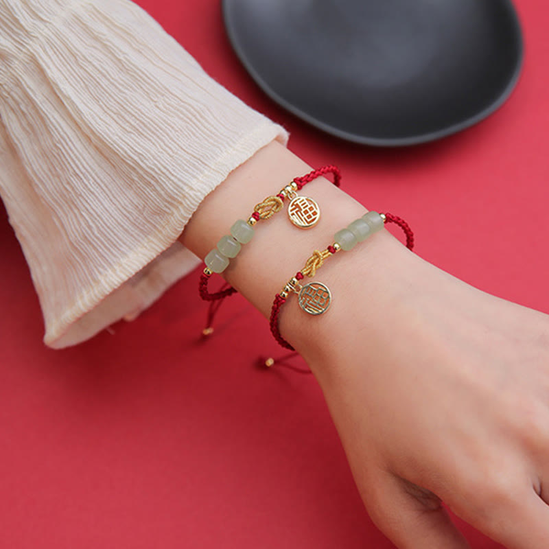 Nimara Ritual Handcrafted Jade Bead Fu Character Charm Luck Red Rope Bracelet