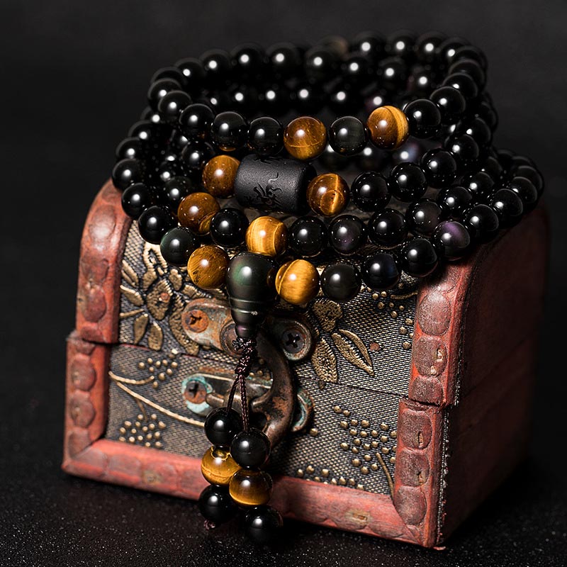 Nimara Ritual Natural Black Obsidian Rainbow Obsidian Gourd Blessing Bracelet Mala