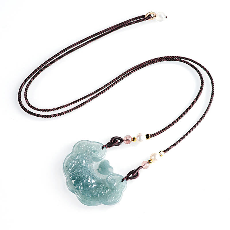 Nimara Ritual Natural Jade Peony Flower Lock of Good Wishes Prosperity Necklace Pendant