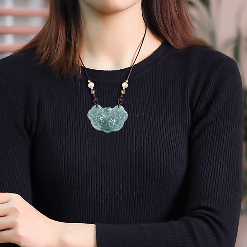 Nimara Ritual Natural Jade Peony Flower Lock of Good Wishes Prosperity Necklace Pendant