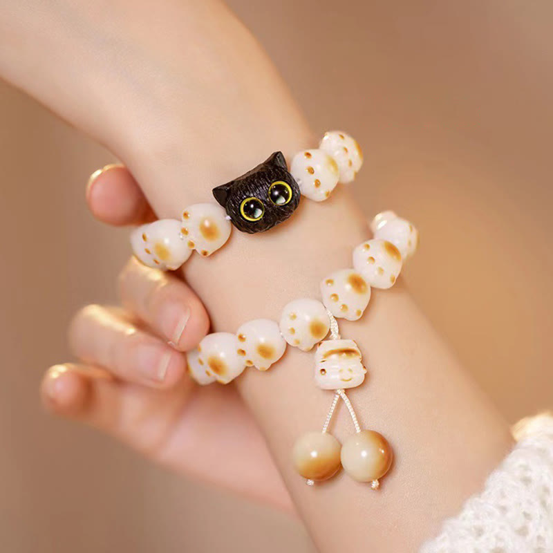 Nimara Ritual Natural Bodhi Seed Red Sandalwood Lovely Paw Lucky Cat Peace Bracelet