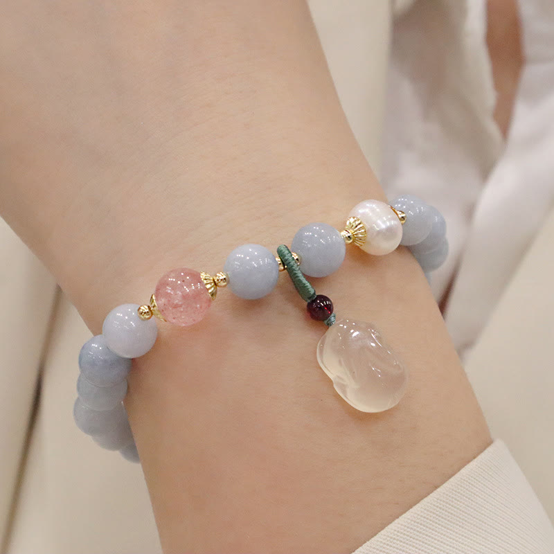 Nimara Ritual Natural Aquamarine Chalcedony Serenity Rabbit Gourd Cat Charm Bracelet