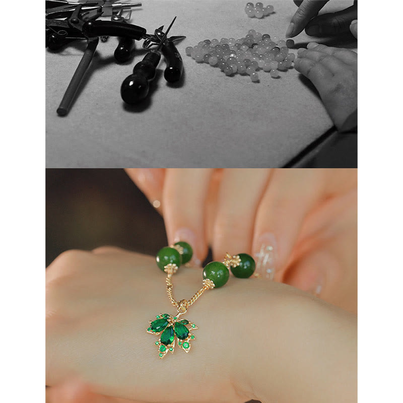 Nimara Ritual 14k Gold Plated Green Chalcedony Maple Leaf Courage Strength Bracelet